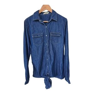 New Look Chambray Shirt 3X Plus Blue Long Sleeve Snap Buttons Tie Front  Classic